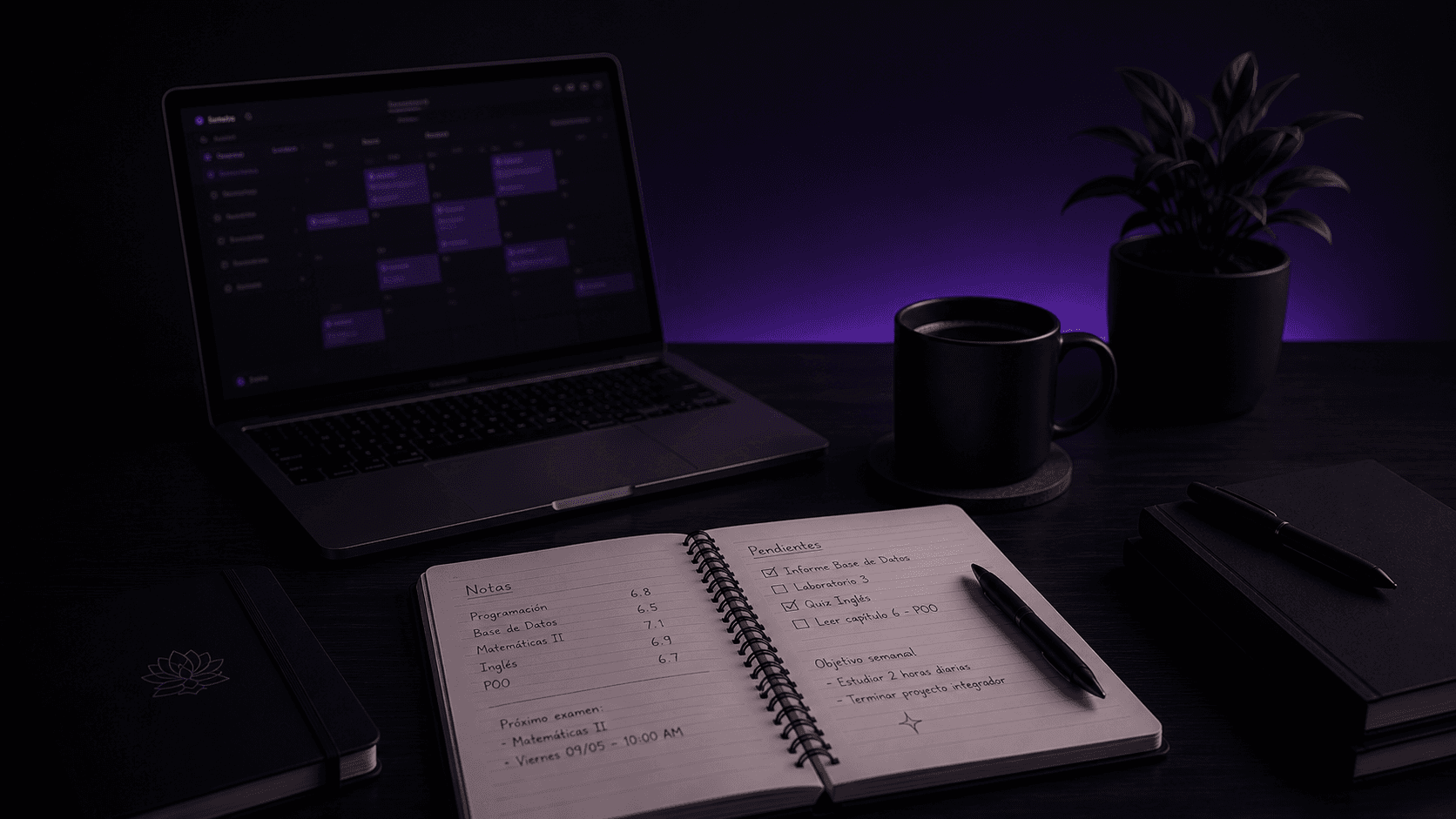 Escritorio de estudio con laptop mostrando Semestre Zen